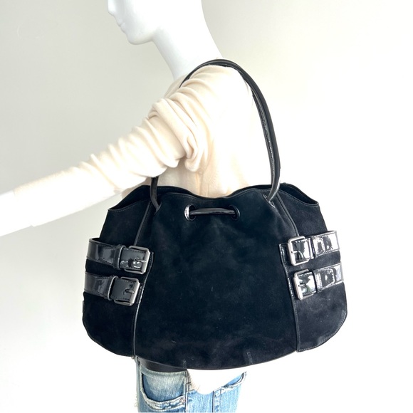 COLE HAAN Black Suede w Patent Leather Side Buckle Pockets Shoulder Bag Tote - Picture 14 of 14